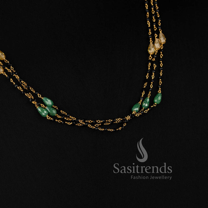 Micro Gold Plated Multi Strand Black Beads with Faceted Cubic Zirconia Stone Mala Necklace - Sasitrends