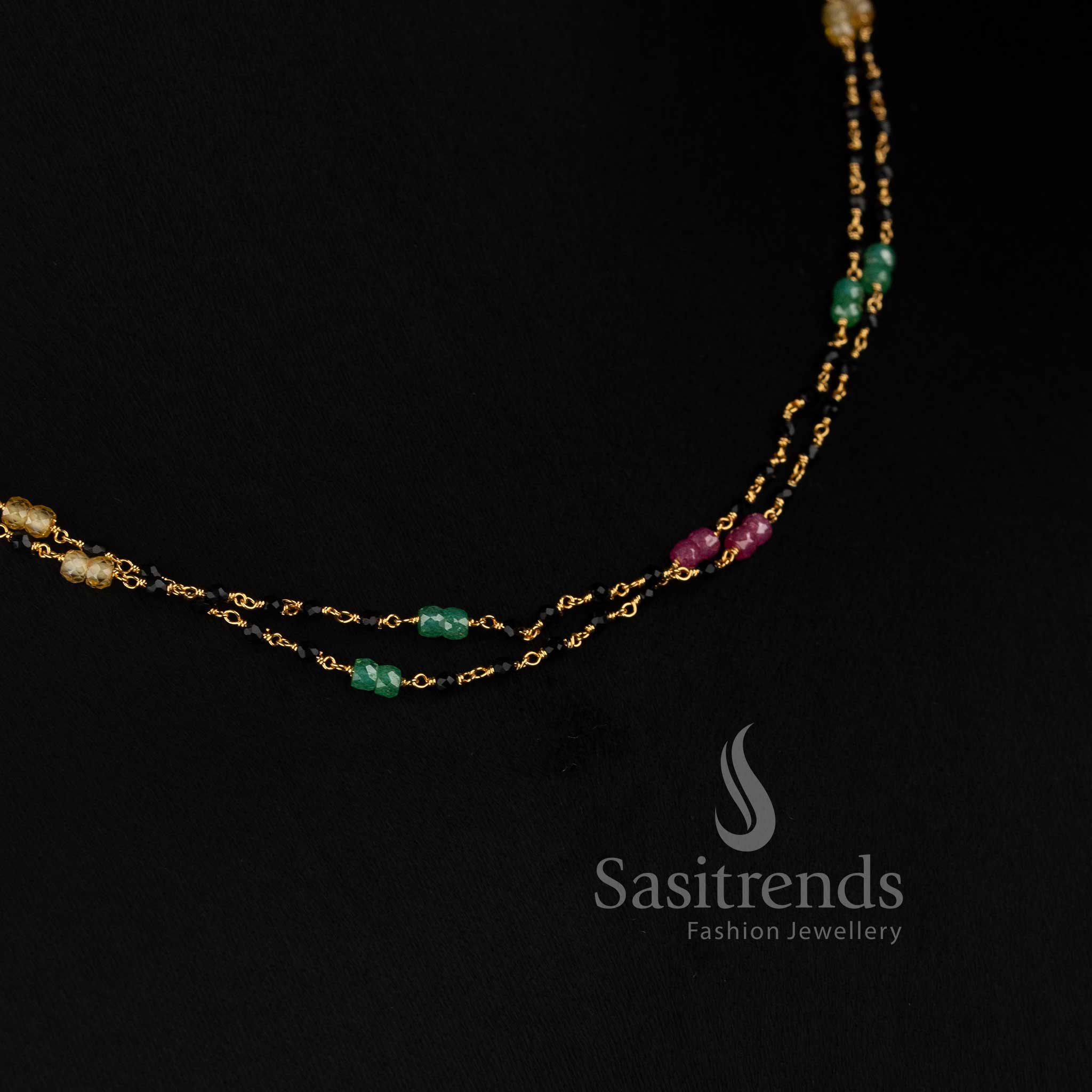 Traditional One Gram Micro Gold Plated Two Strand Black Crystal Beads Mala Chain - Sasitrends