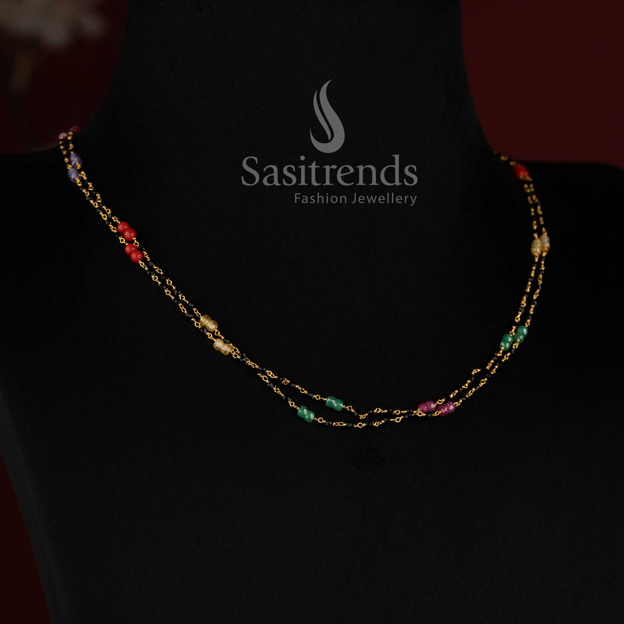 Traditional One Gram Micro Gold Plated Two Strand Black Crystal Beads Mala Chain - Sasitrends