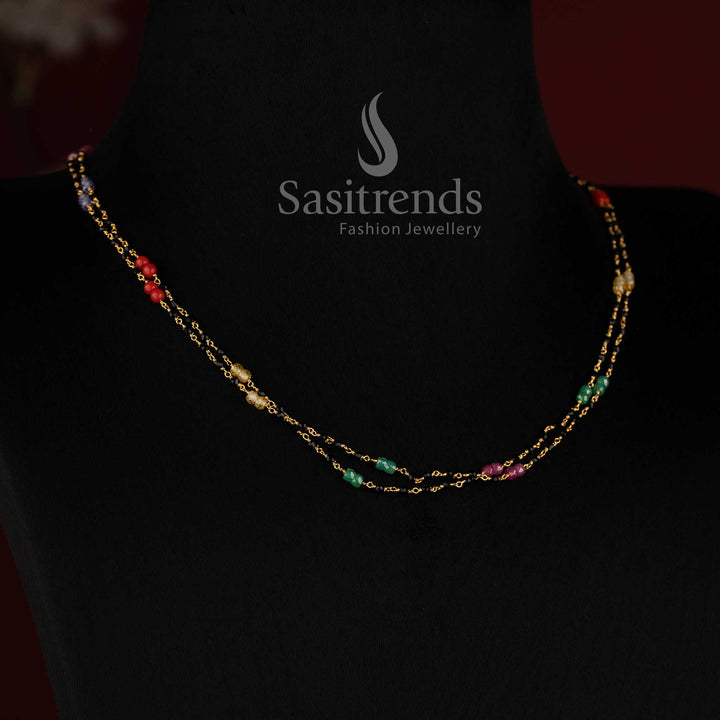 Traditional One Gram Micro Gold Plated Two Strand Black Crystal Beads Mala Chain - Sasitrends