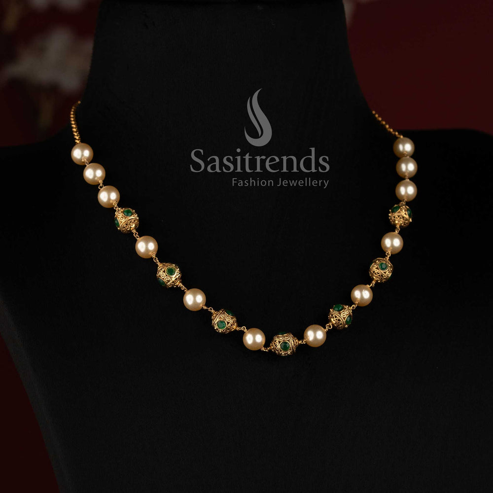 3026B antique gold plated traditional pearl bead necklace with intricate ornamental stone motifs by Sasitrends