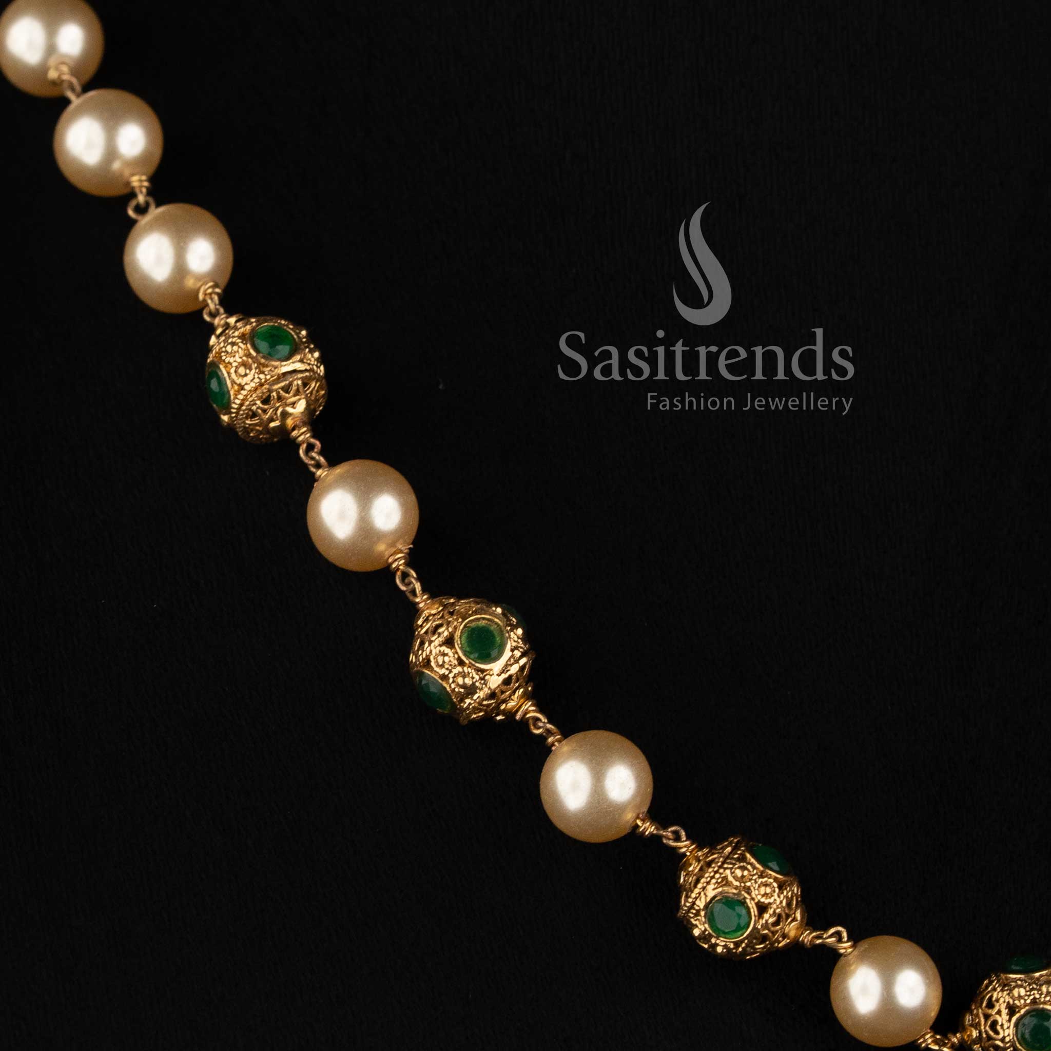 antique gold plated pearl bead necklace with detailed traditional stone work Sasitrends