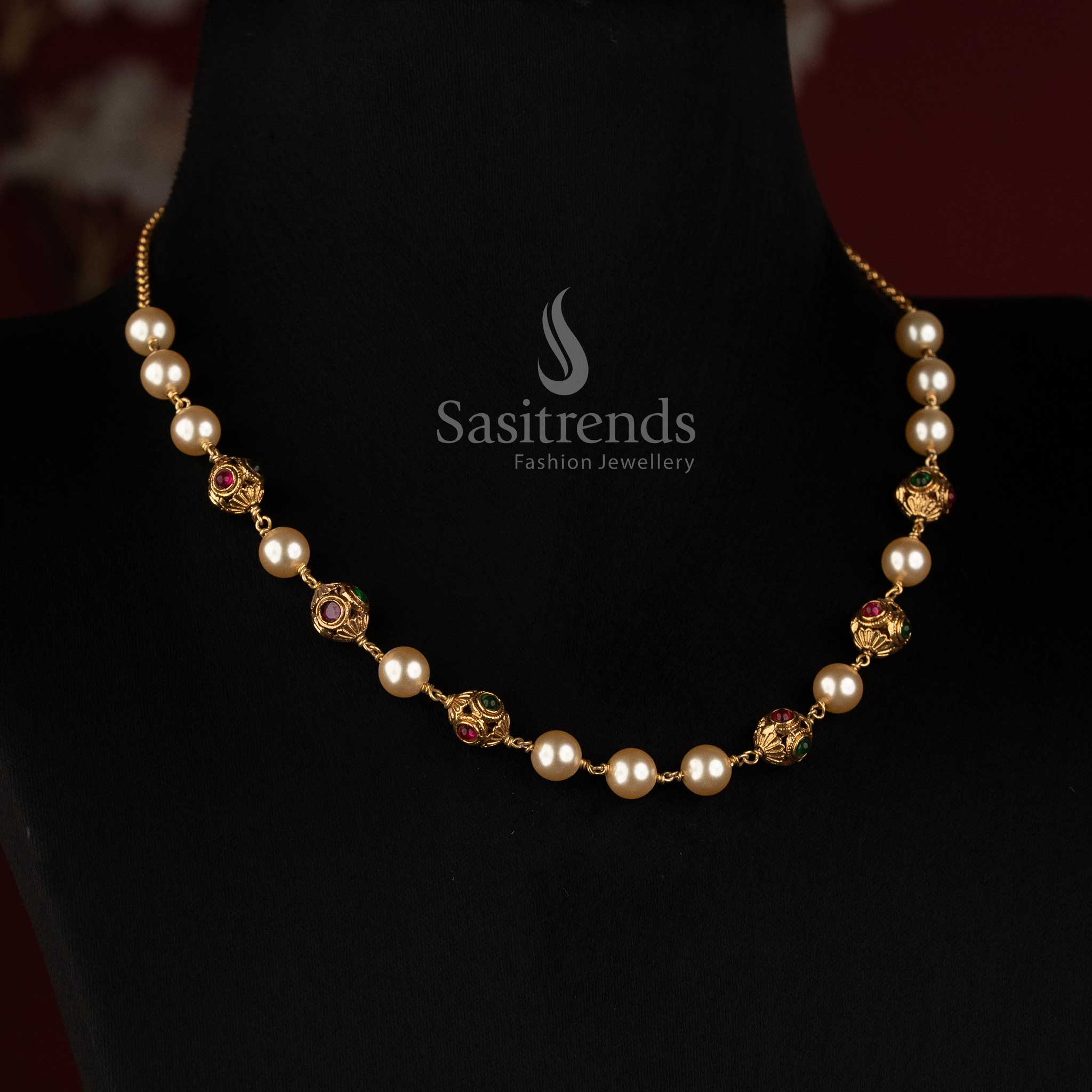 Antique Gold Plated Pearl Mala Necklace with Filigree Beads for Traditional Wear - Sasitrends