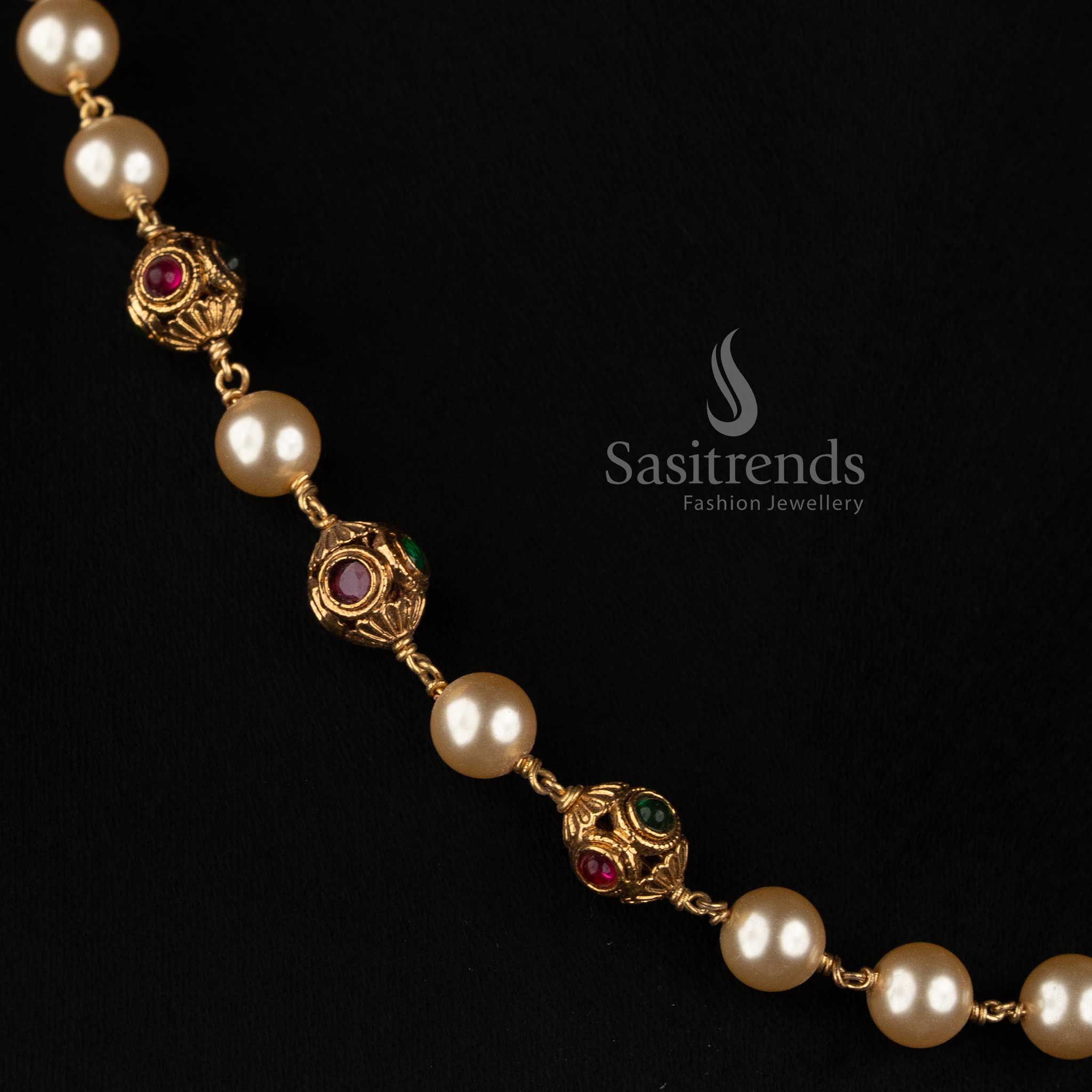 Traditional Antique Gold Plated Pearl Mala Necklace with Intricate Filigree Spherical Beads - Sasitrends