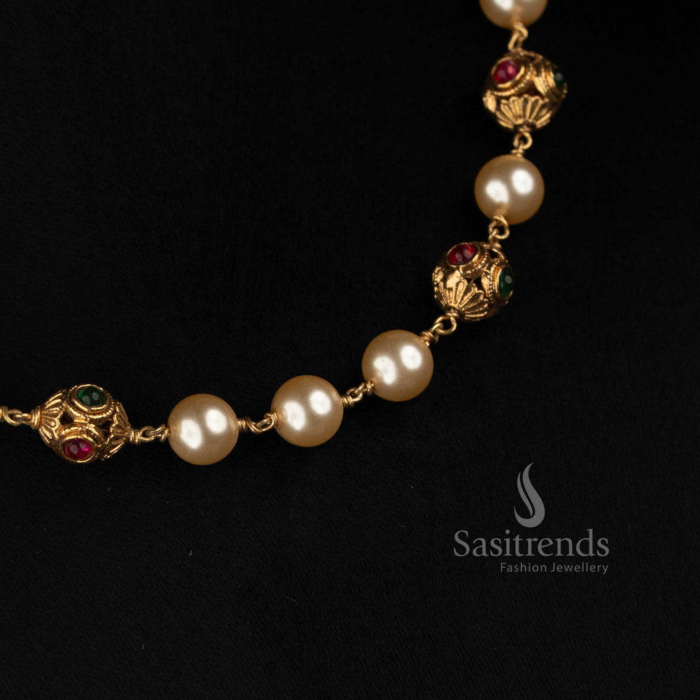 Antique Gold Plated Pearl Chain Necklace with Stone Studded Filigree Spheres - Sasitrends