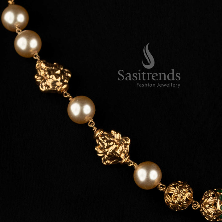 Detailed Pearl Chain with Filigree Spheres, Carved Motif Beads and Central Ornament - Sasitrends