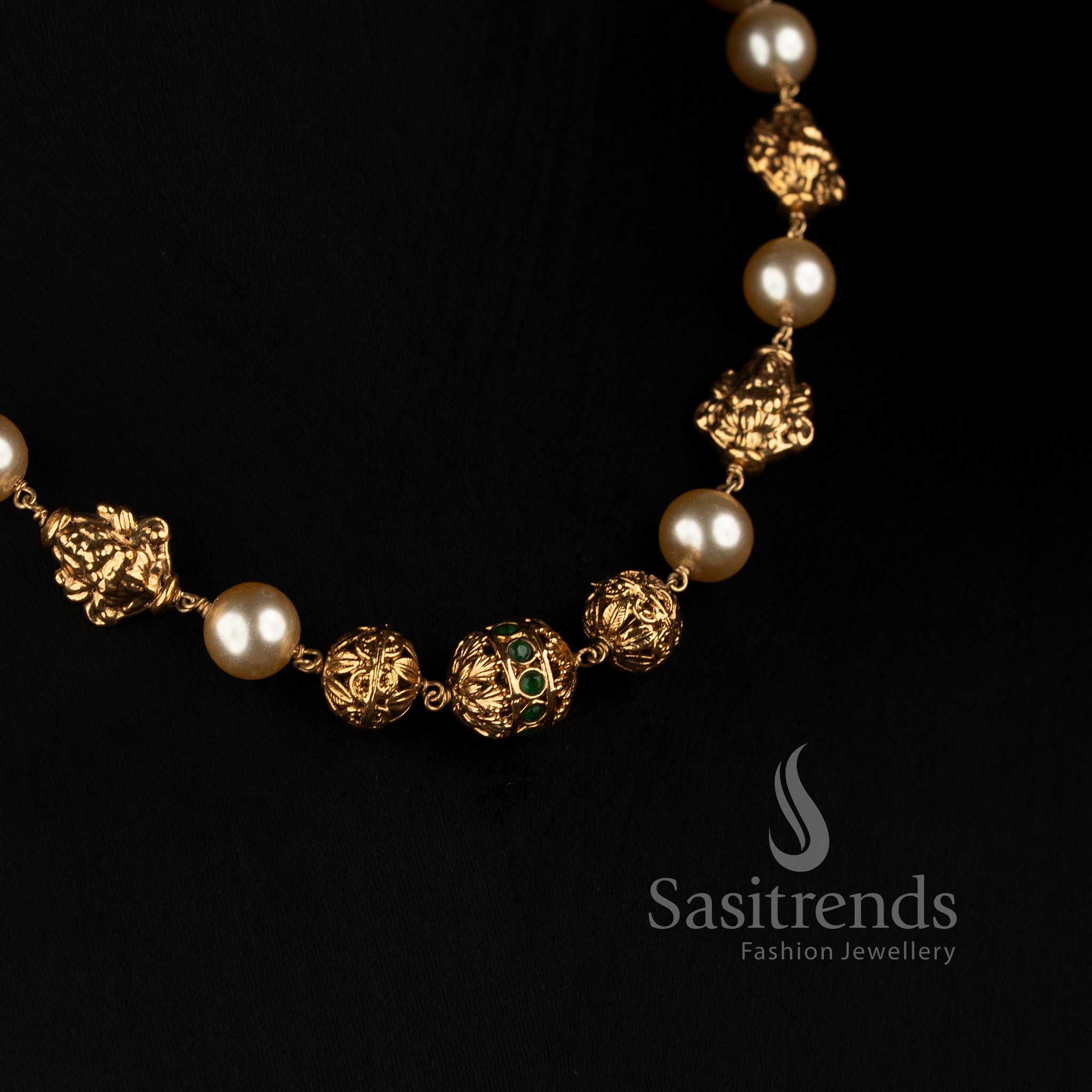 Antique Gold Plated South Indian Temple Pearl Necklace for Bridal and Festive Wear - Sasitrends