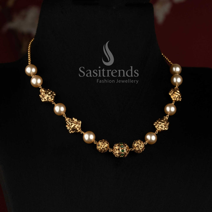 Antique Gold Plated South Indian Temple Pearl Necklace for Bridal and Festive Wear - Sasitrends