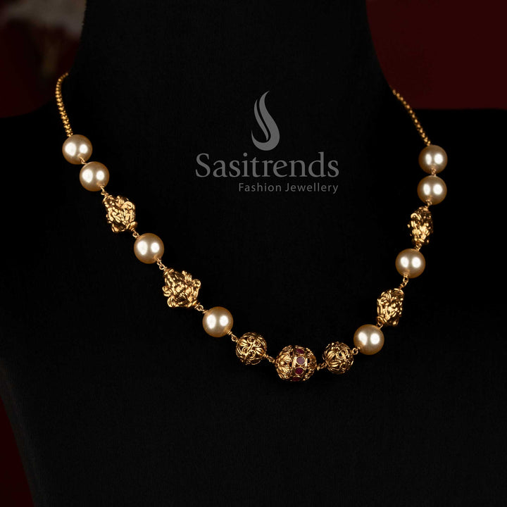 Detailed Pearl Chain with Filigree Spheres, Carved Motif Beads and Central Ornament - Sasitrends