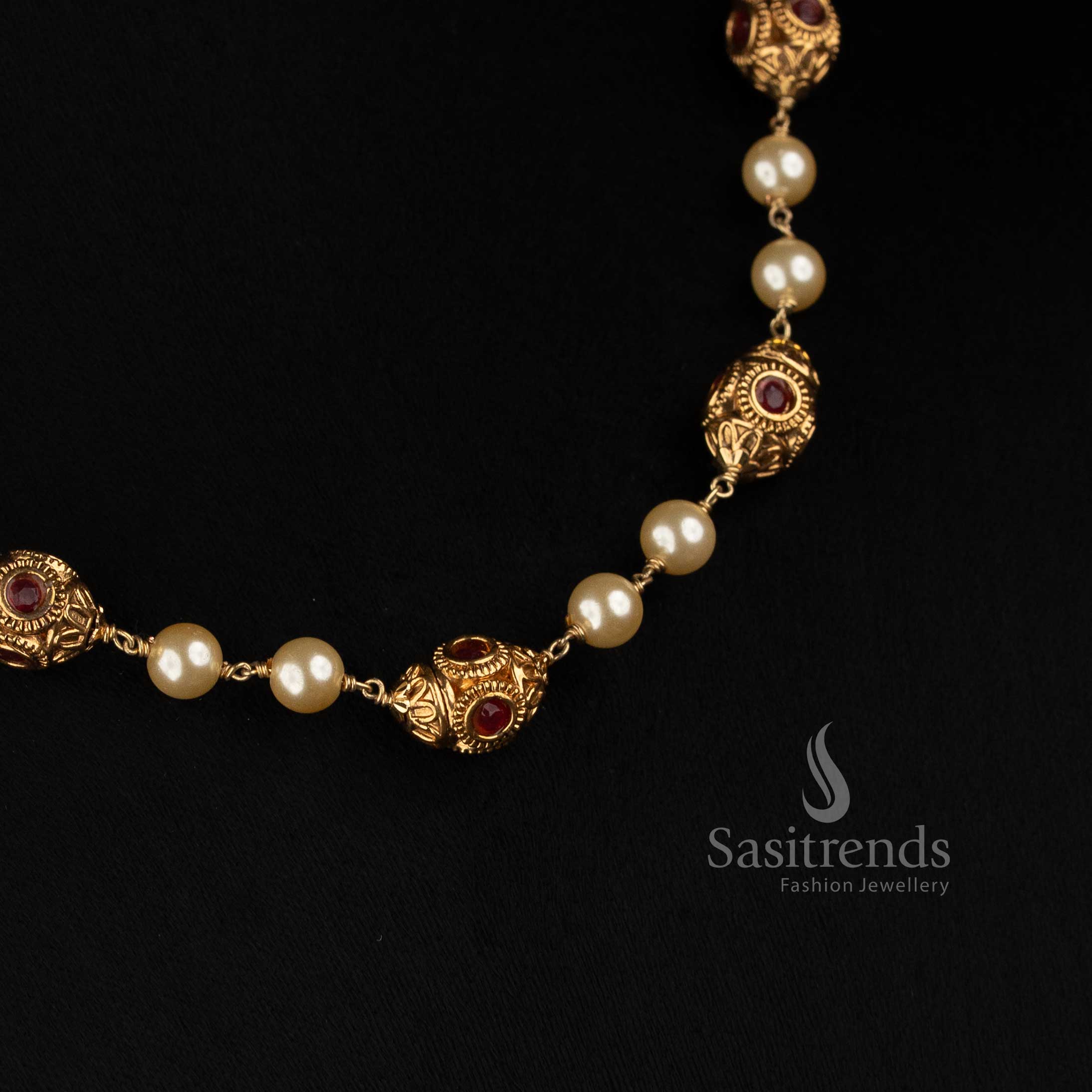 Antique Gold Plated South Indian Pearl Necklace for Bridal and Festive Wear - Sasitrends
