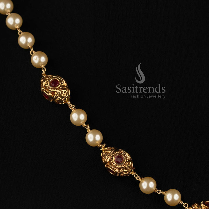 Premium Antique Gold Plated Pearl Mala Necklace with Filigree Beads - Sasitrends