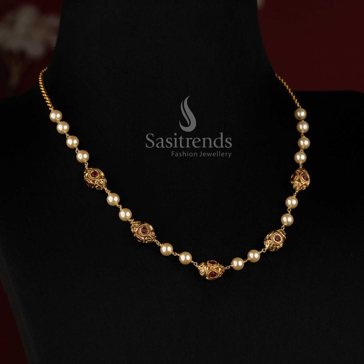 Antique Gold Plated South Indian Pearl Necklace for Bridal and Festive Wear - Sasitrends