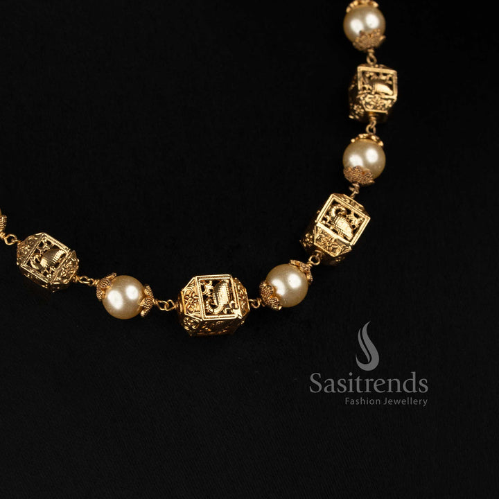 Antique Gold Plated Pearl Mala Necklace with Geometric Filigree Beads - Sasitrends