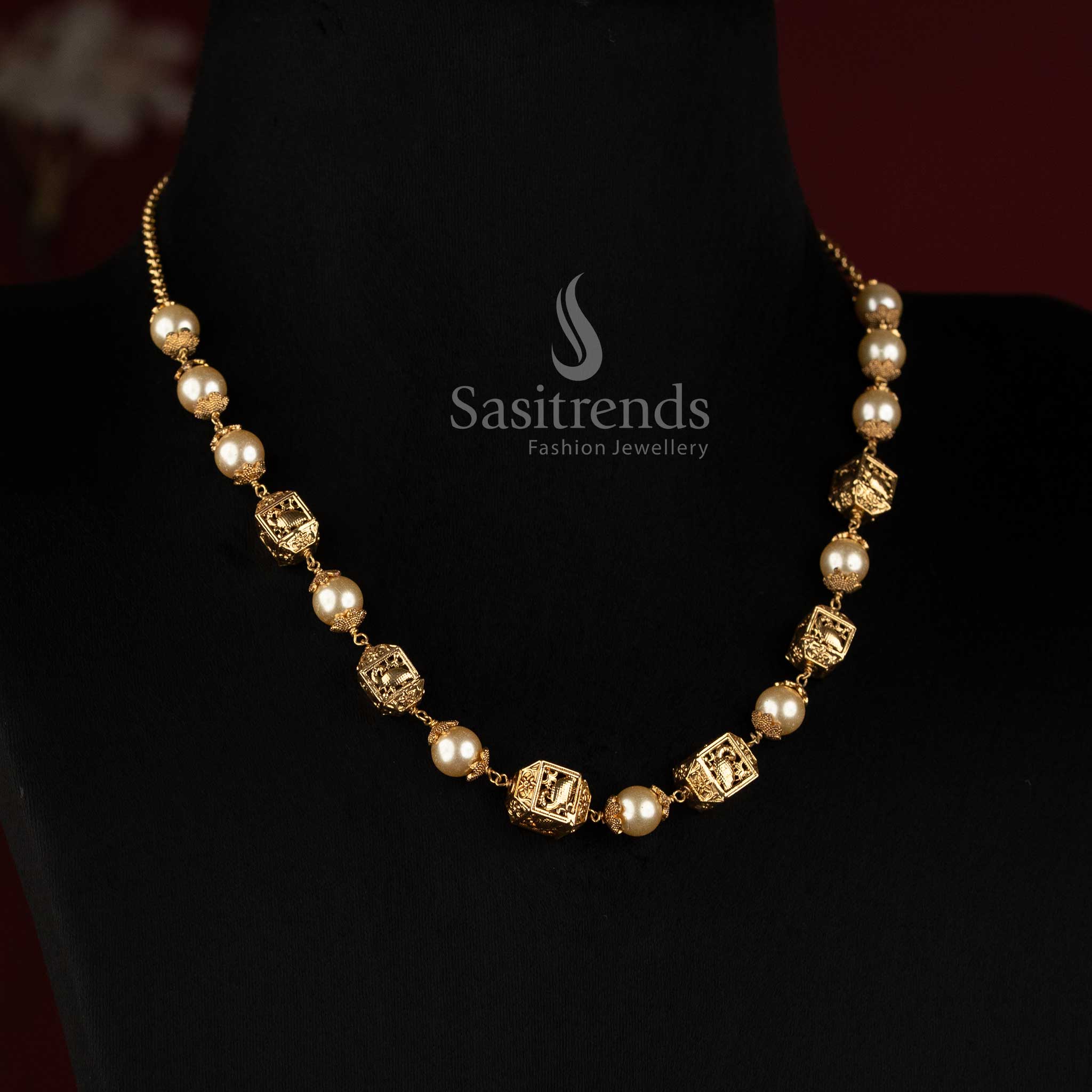 Antique Gold Plated Pearl Mala Necklace with Geometric Filigree Beads - Sasitrends
