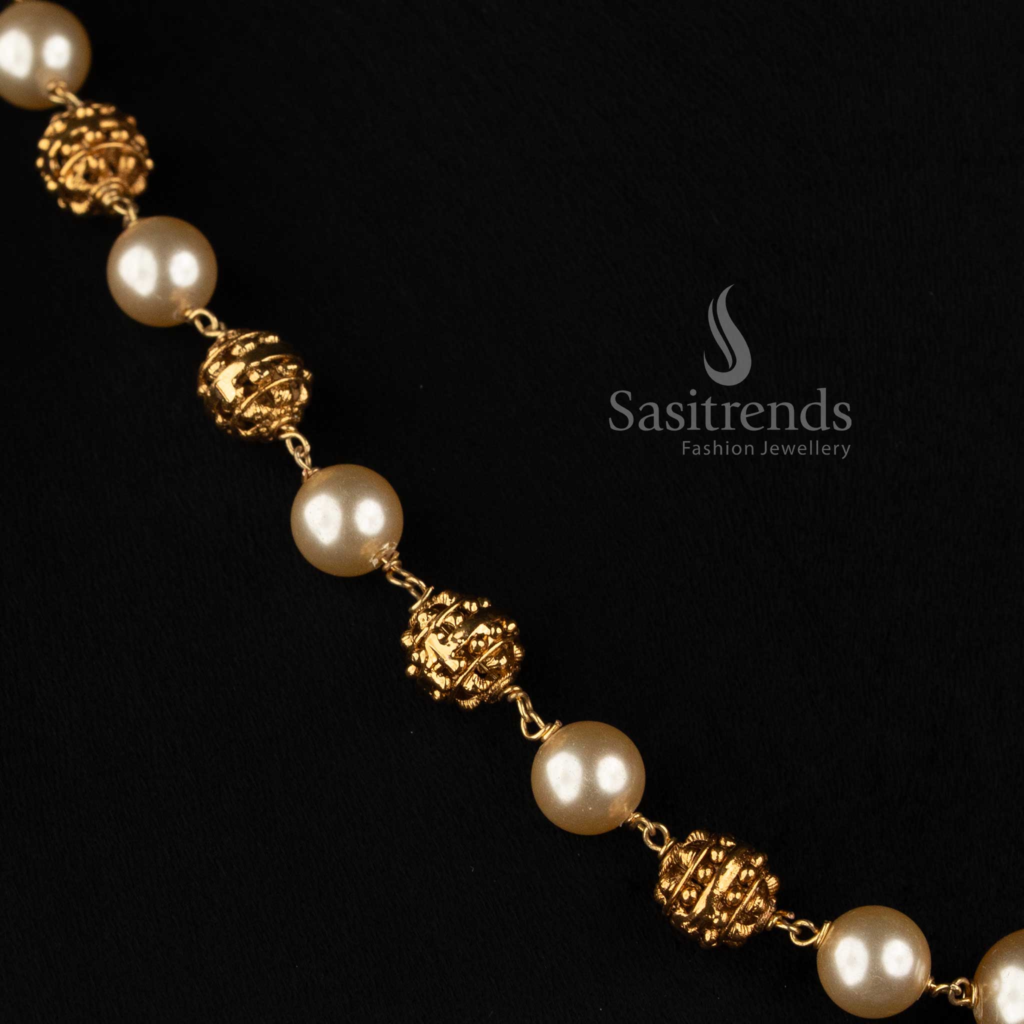 Traditional Antique Gold Plated Pearl Mala Necklace with Sculpted Spherical Filigree Beads - Sasitrends