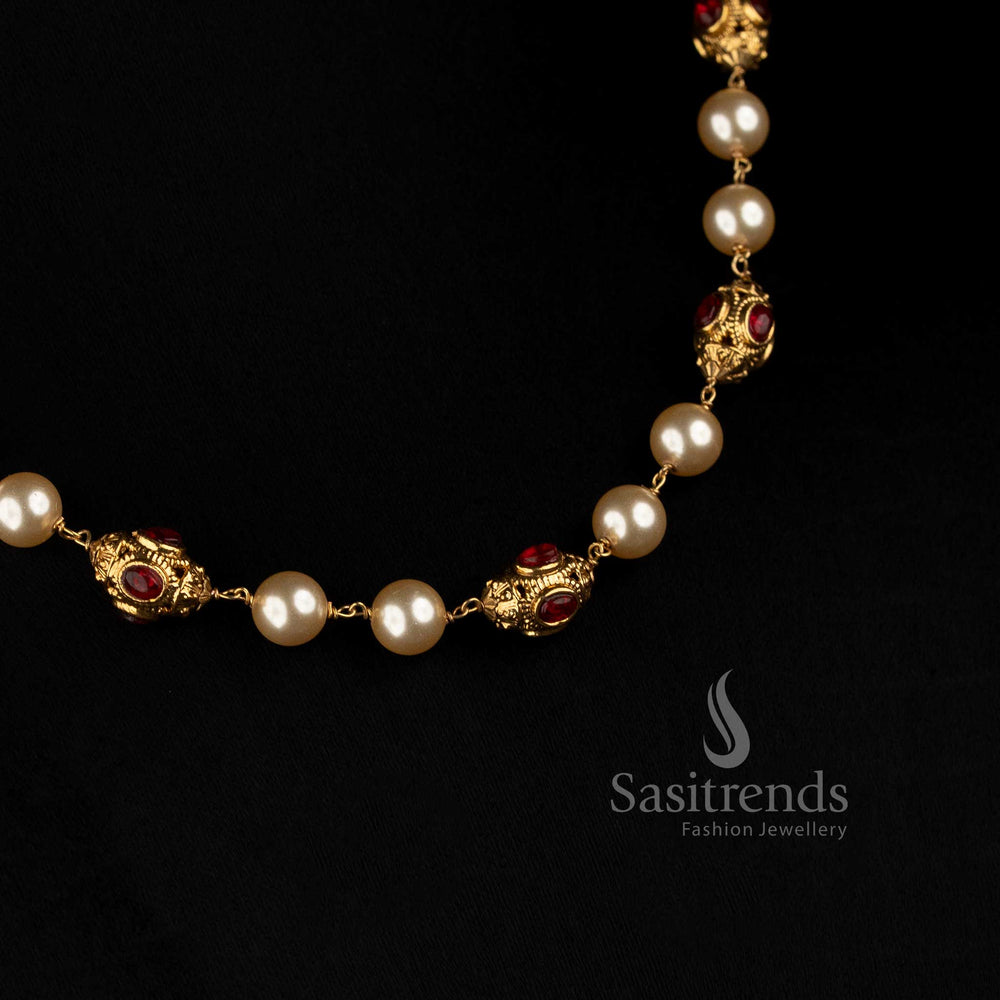 Antique Gold Plated South Indian Pearl Necklace for Bridal and Festive Wear - Sasitrends