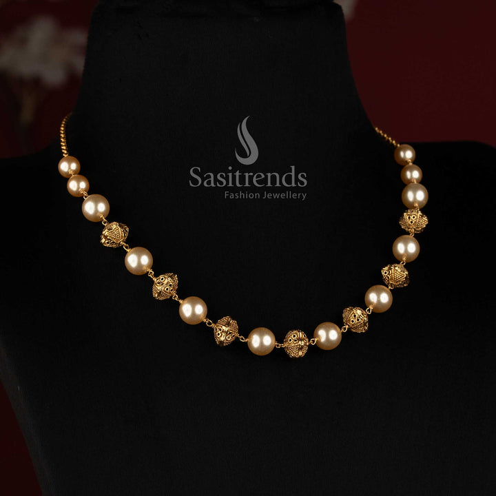 Amazing Antique Gold Plated Pearl Chain Necklace with Spherical Filigree Beads - Sasitrends