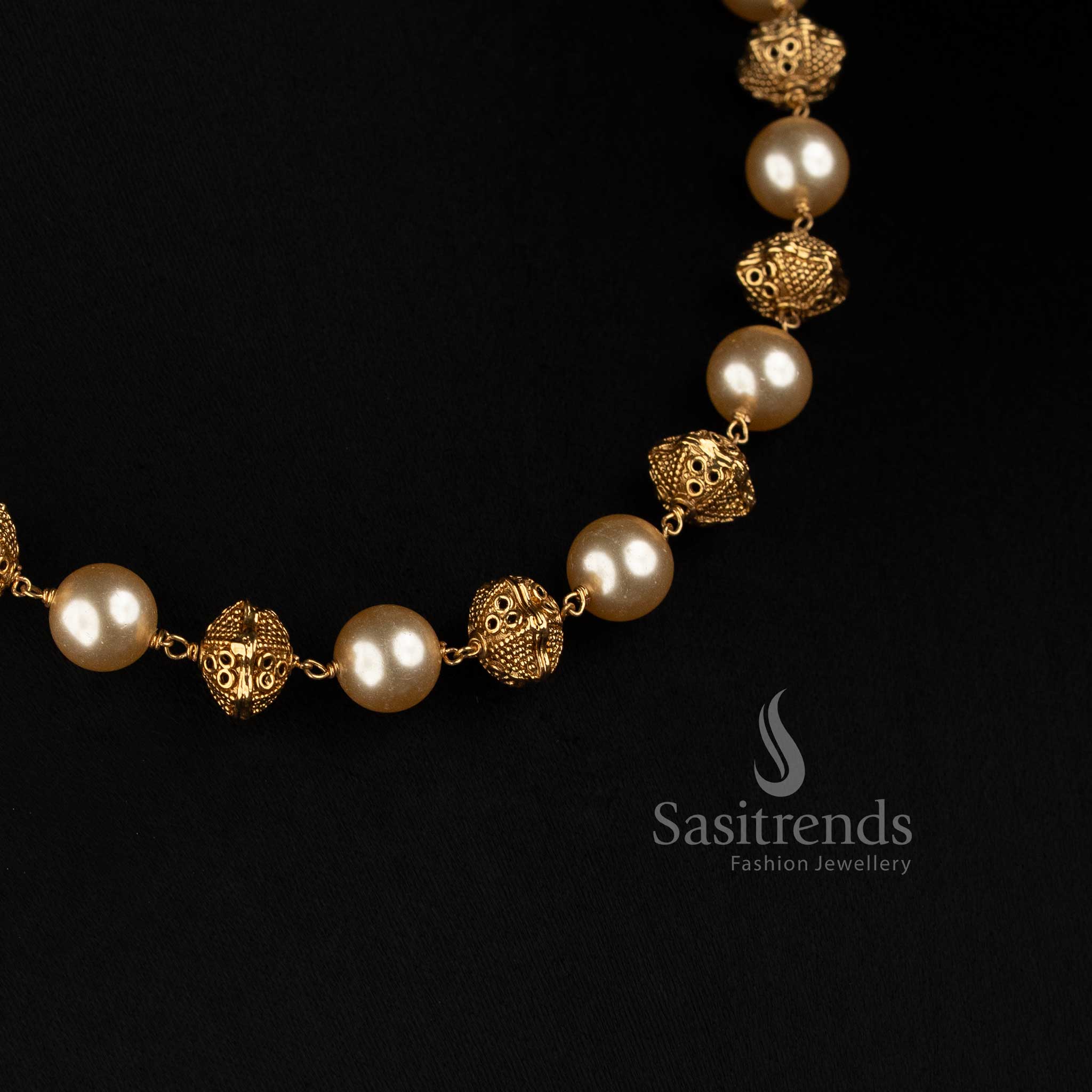 Antique Gold Plated Pearl Chain Necklace with Spherical Filigree Beads - Sasitrends