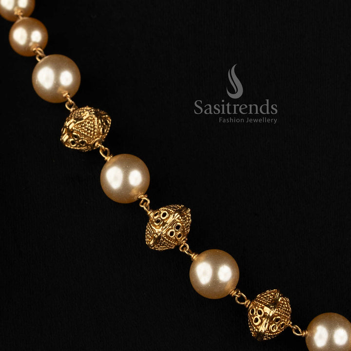 Antique Gold Plated Pearl Chain Necklace with Spherical Filigree Beads - Sasitrends