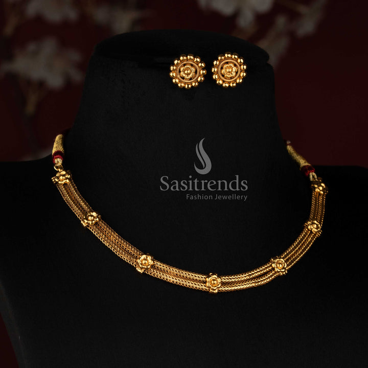 Antique Gold Plated Multi Strand Mesh Choker Set with Matching Floral Studs - Sasitrends