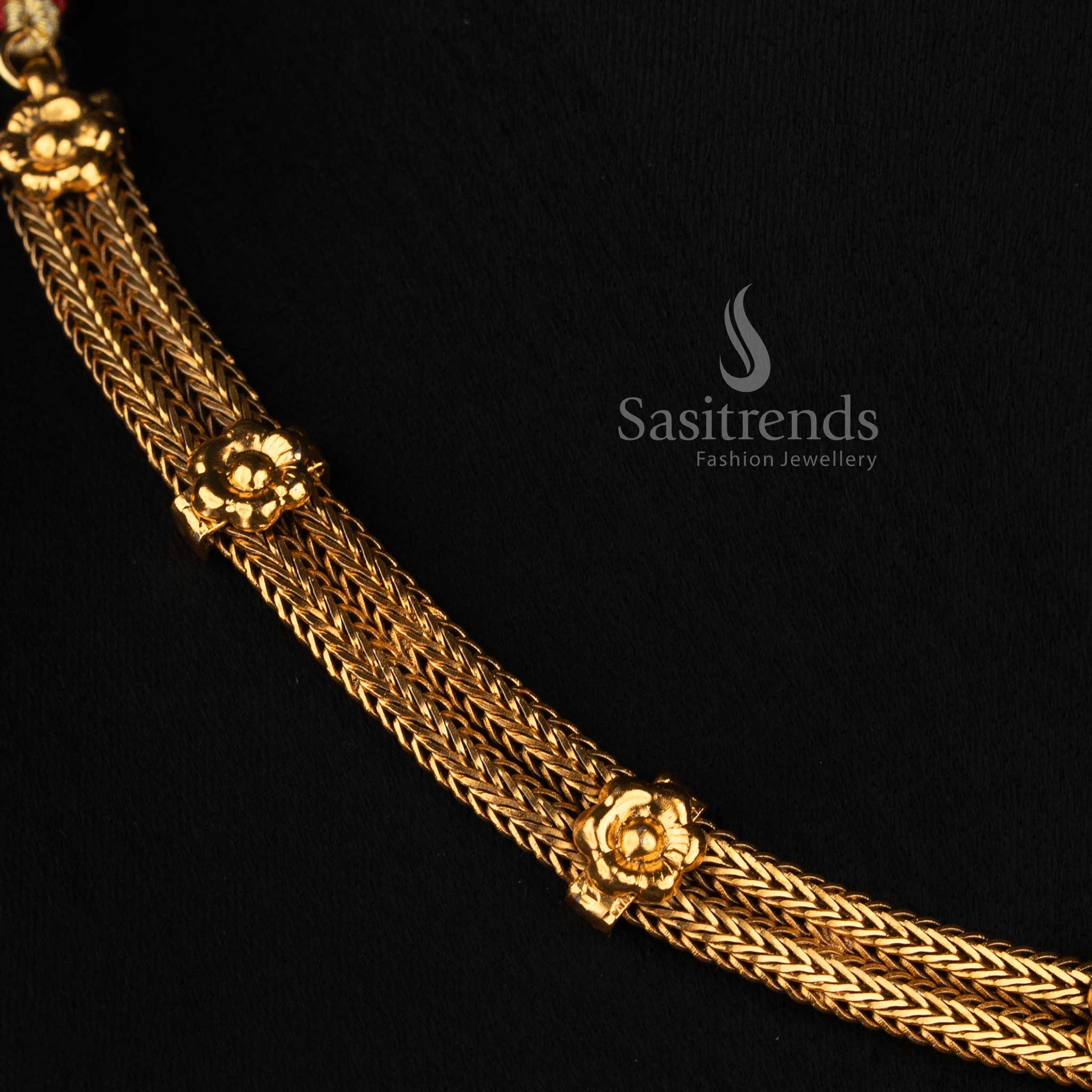 Antique Gold Plated Multi Strand Mesh Choker Set with Matching Floral Studs - Sasitrends