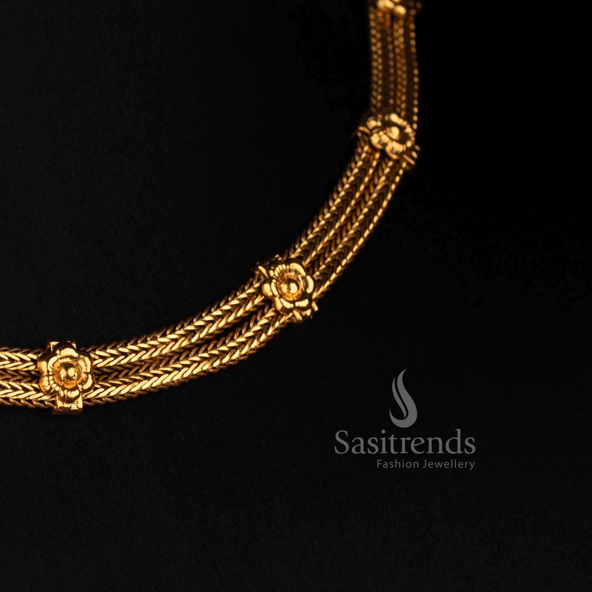 Antique Gold Plated Multi Strand Mesh Choker Set with Matching Floral Studs - Sasitrends