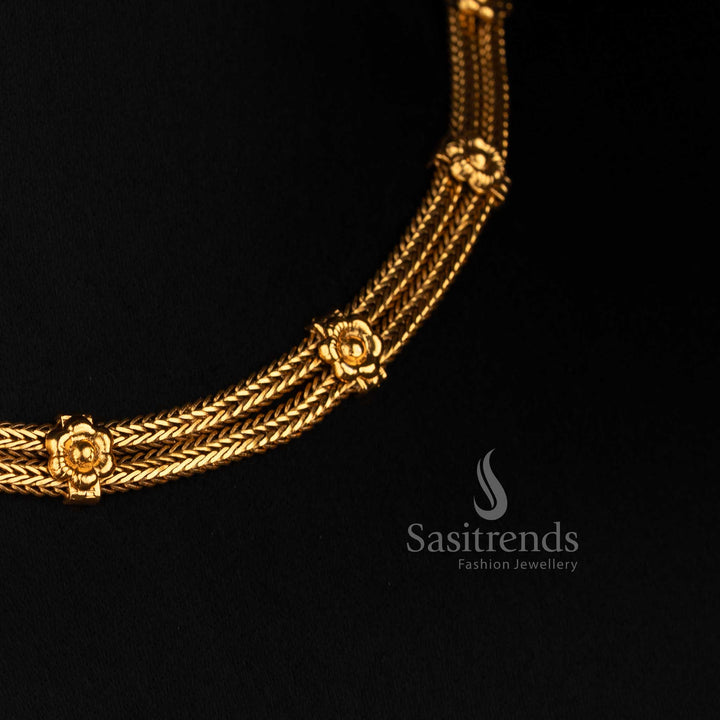 Antique Gold Plated Multi Strand Mesh Choker Set with Matching Floral Studs - Sasitrends