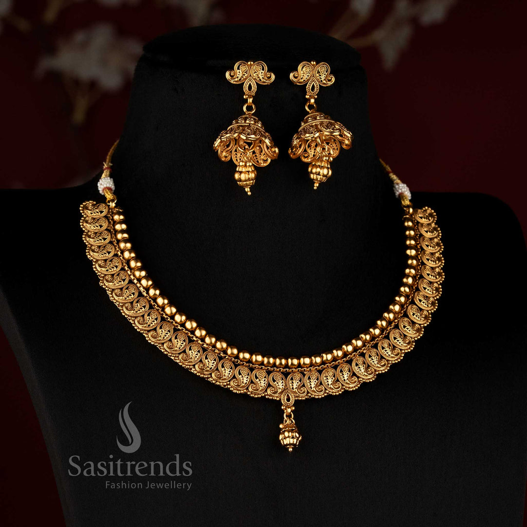 Antique Gold Plated Traditional Mango Choker Necklace Set with Matching Jhumkas - Sasitrends