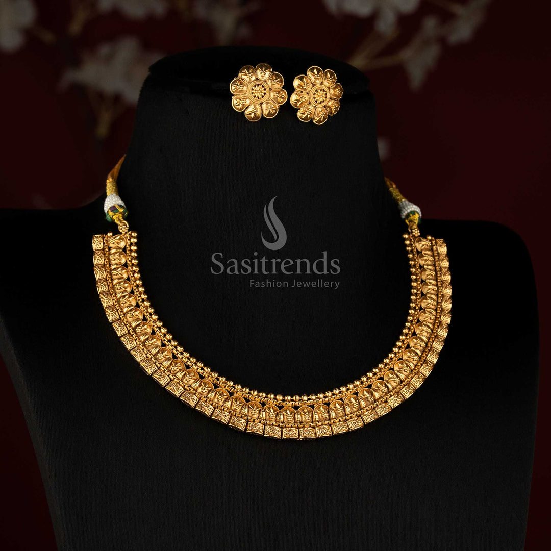 Antique Gold Plated Traditional Choker Set with Matching Circular Floral Studs - Sasitrends