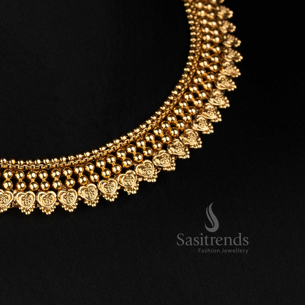 Antique Gold Plated Choker Necklace Set with Matching Floral Heart Drop Earrings - Sasitrends