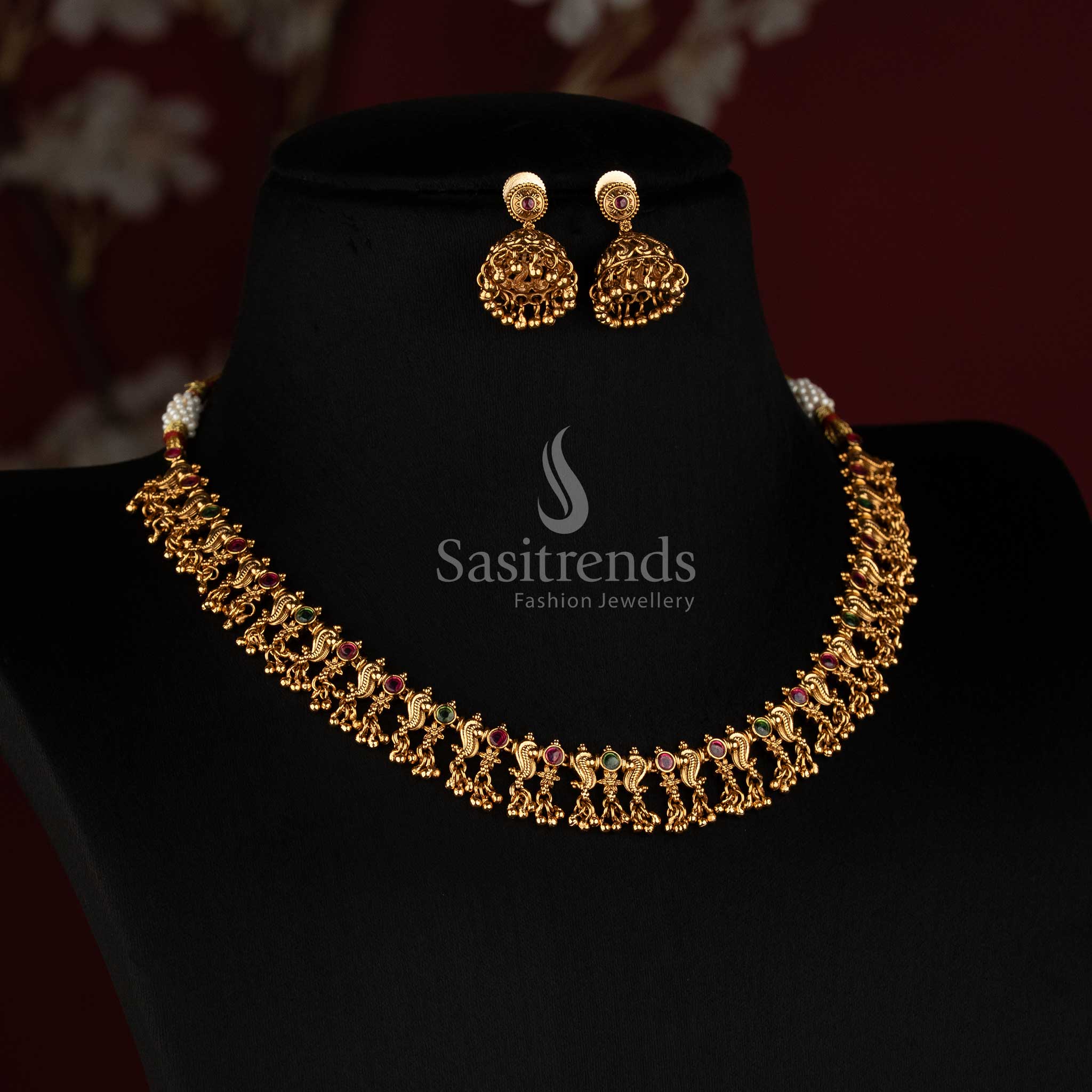 Premium Antique Gold Plated Peacock Choker Necklace Set with Jhumka Earrings - Sasitrends