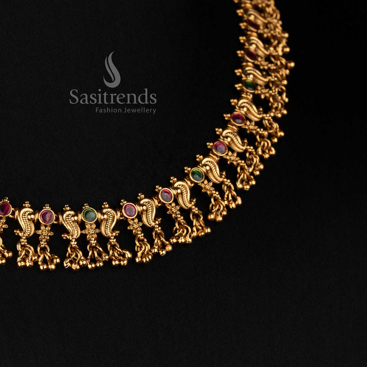 Traditional Antique Gold Plated Peacock Motif Stone Studded Choker Set with Jhumkas - Sasitrends