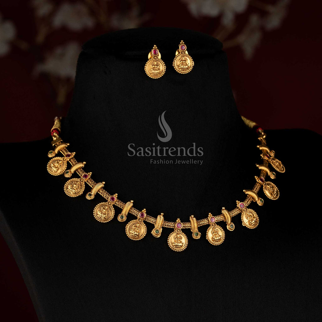 Antique Gold Plated Kasu Mala Necklace Set with Matching Lakshmi Coin Studs - Sasitrends