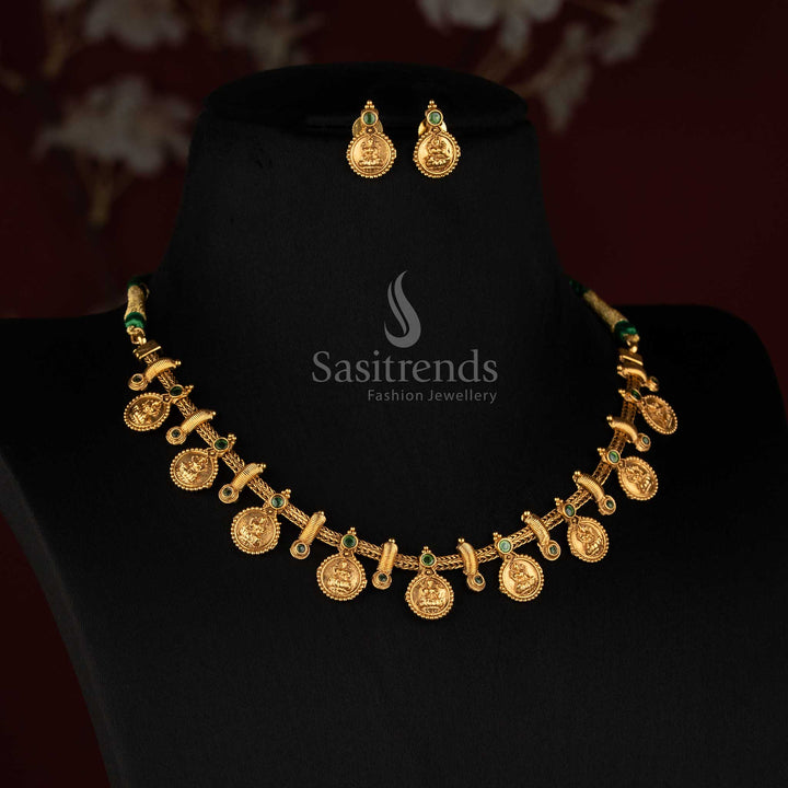Antique Gold Plated Goddess Lakshmi Coin Necklace Set with Ear Studs - Sasitrends