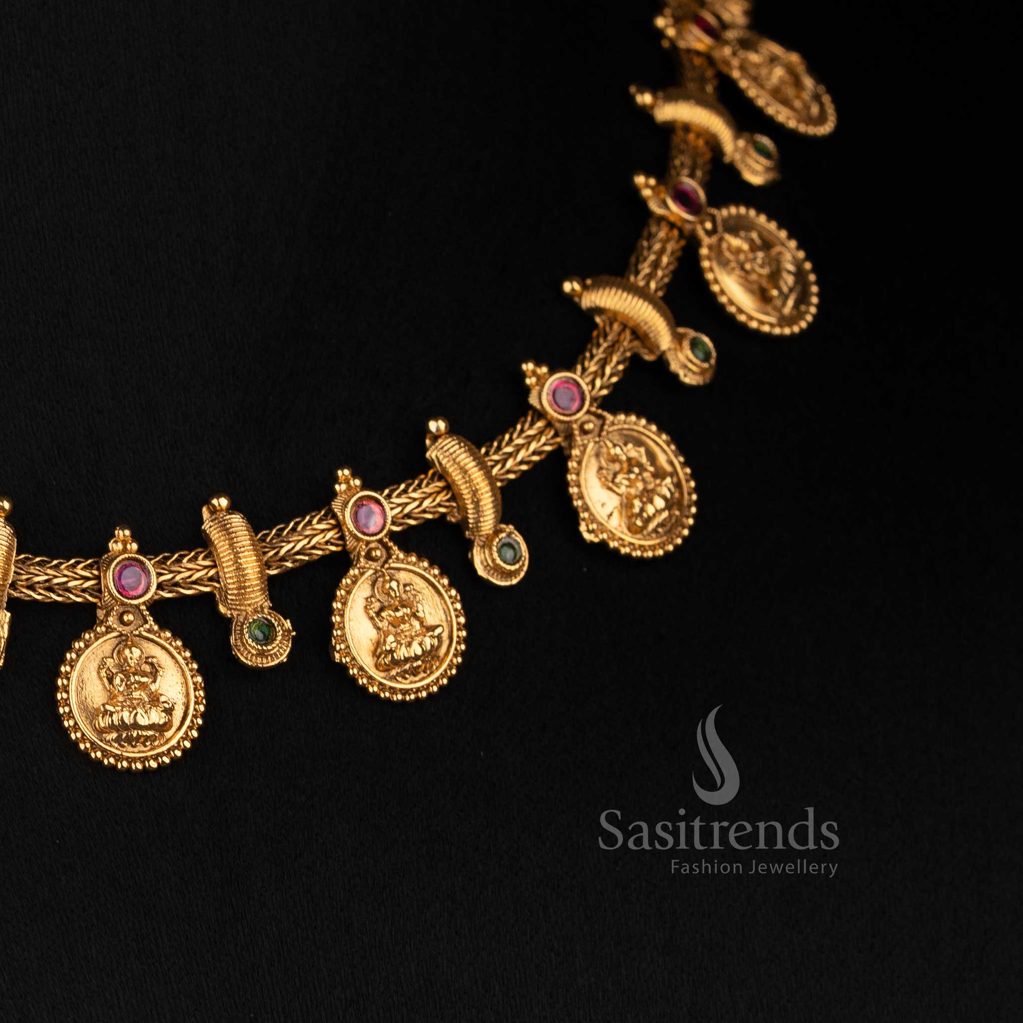 Antique Gold Plated Kasu Mala Necklace Set with Matching Lakshmi Coin Studs - Sasitrends