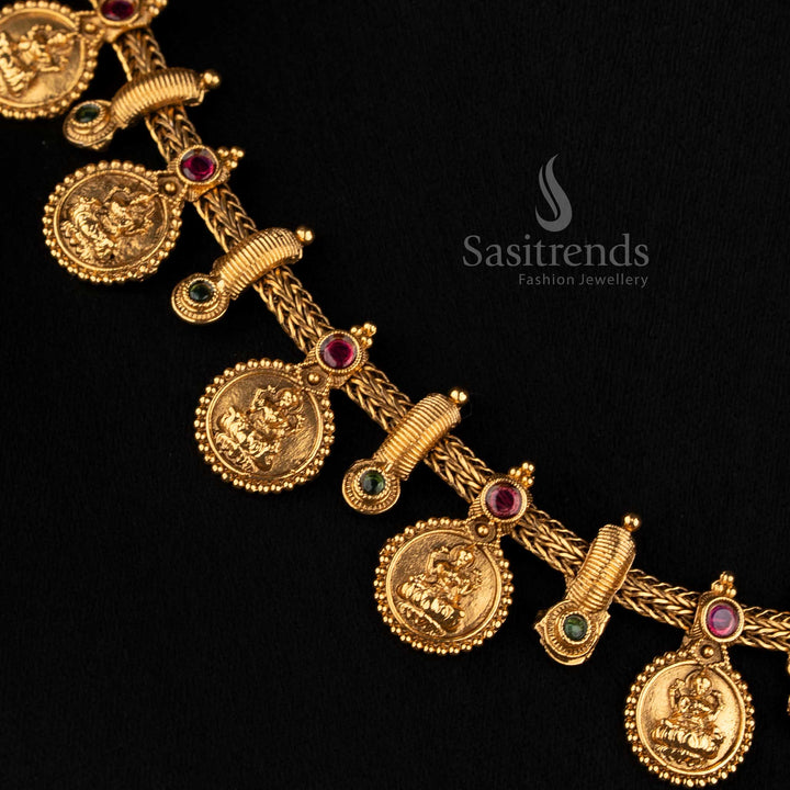 Antique Gold Plated Goddess Lakshmi Coin Necklace Set with Ear Studs - Sasitrends