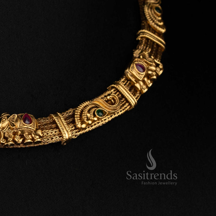 Antique Gold Plated Mesh Choker Necklace Set with Matching Elephant Drop Earrings - Sasitrends
