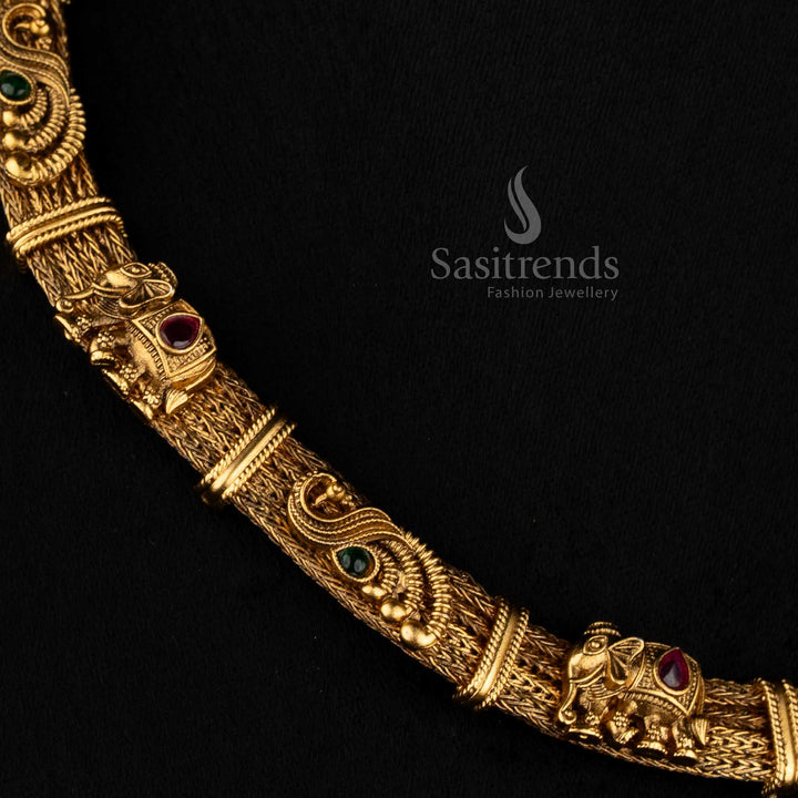 Antique Gold Plated Mesh Choker Necklace Set with Matching Elephant Drop Earrings - Sasitrends