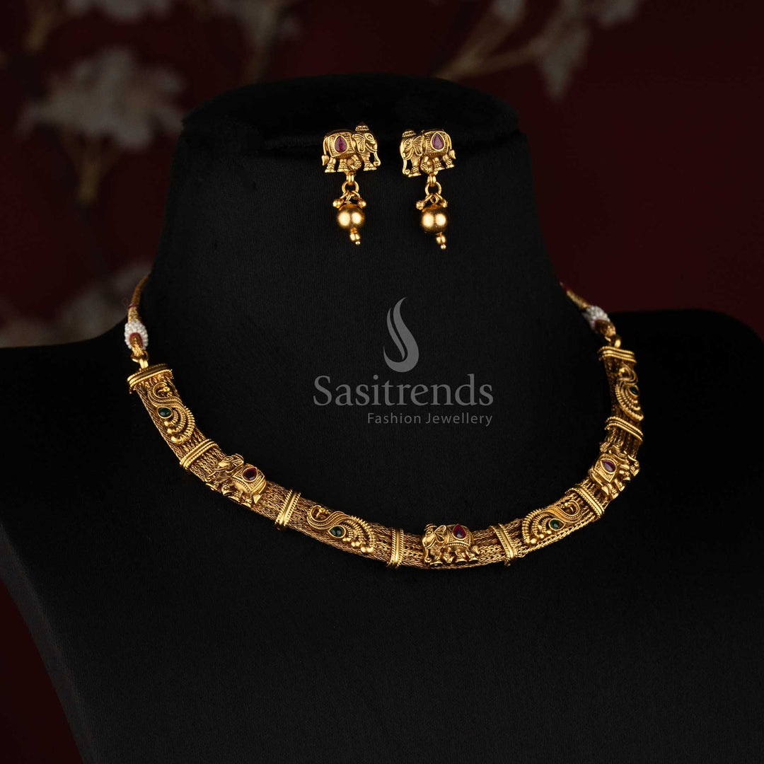 Antique Gold Plated South Indian Elephant Mesh Choker Set for Festive Wear - Sasitrends