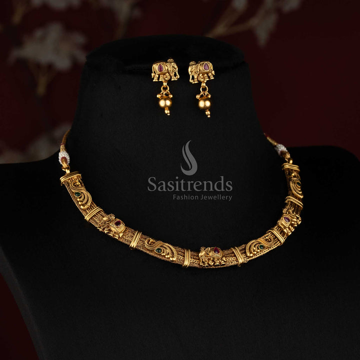 Antique Gold Plated South Indian Elephant Mesh Choker Set for Festive Wear - Sasitrends
