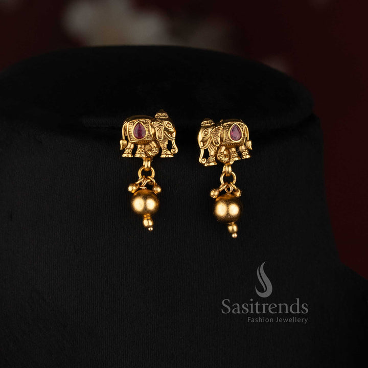 Antique Gold Plated Elephant Motif Mesh Choker Necklace Set with Drop Earrings - Sasitrends