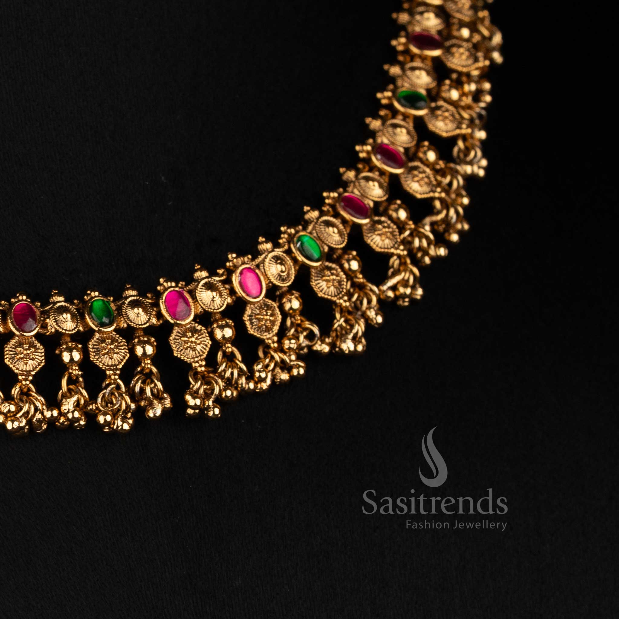 Detailed Peacock and Floral Motifs with Stone Accents and Bead Drops - Sasitrends