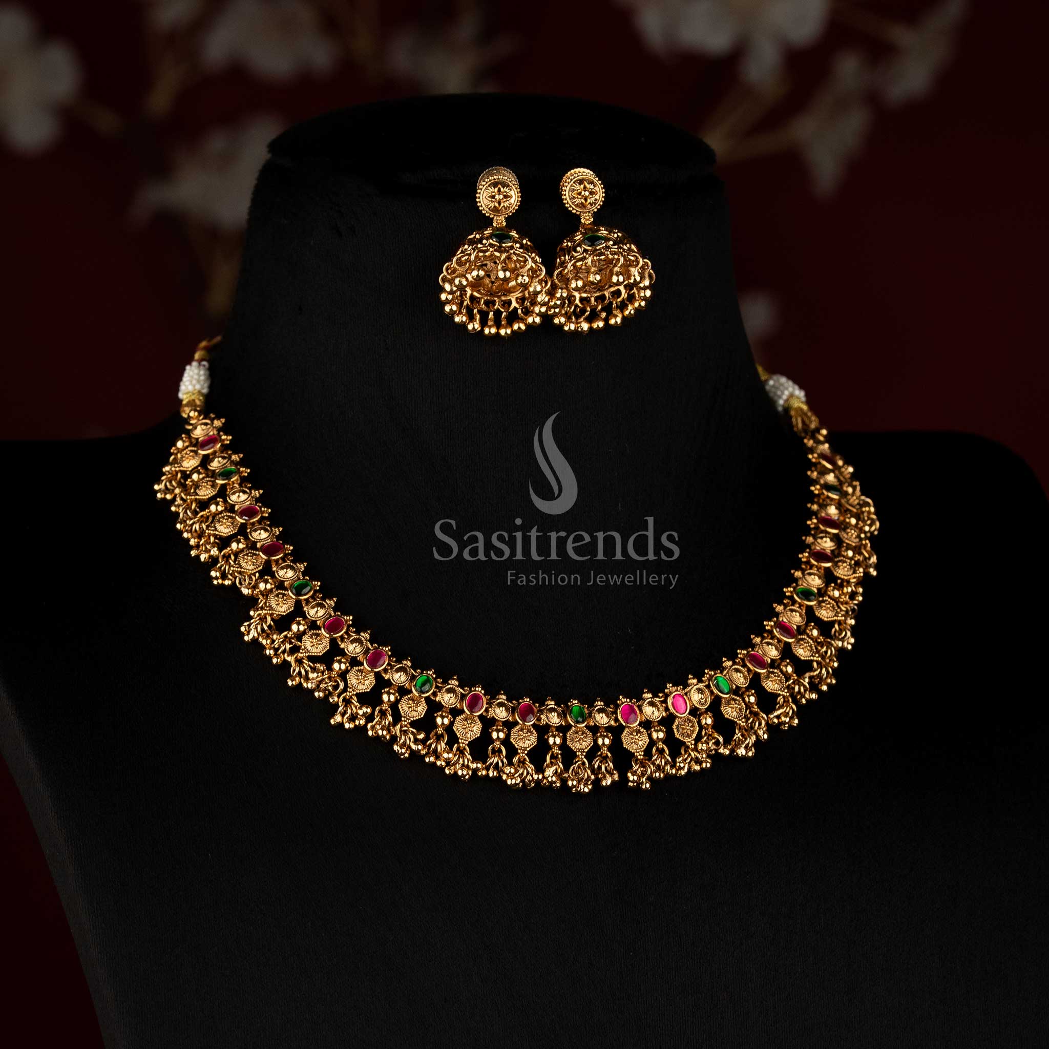 Detailed Peacock and Floral Motifs with Stone Accents and Bead Drops - Sasitrends