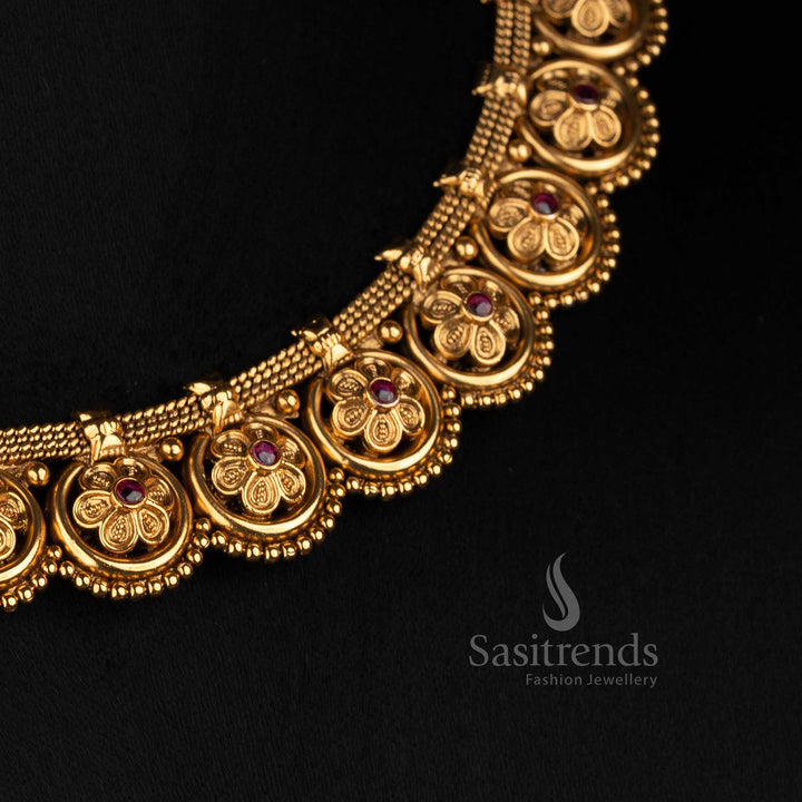 Antique Gold Plated Floral Medallion Choker with Matching Circular Ear Studs - Sasitrends