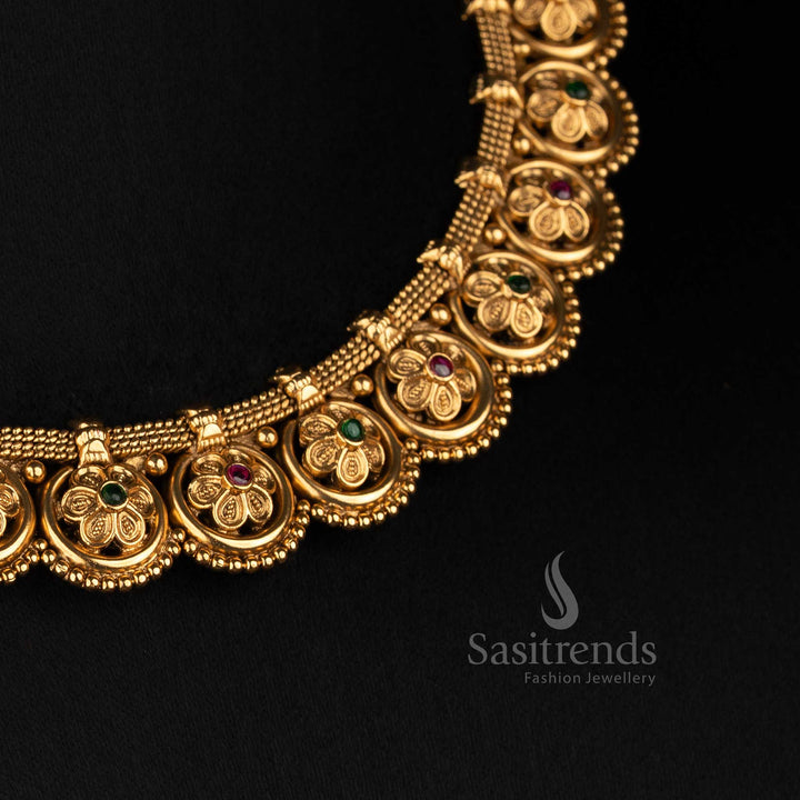 Antique Gold Plated Floral Medallion Choker with Matching Circular Ear Studs - Sasitrends