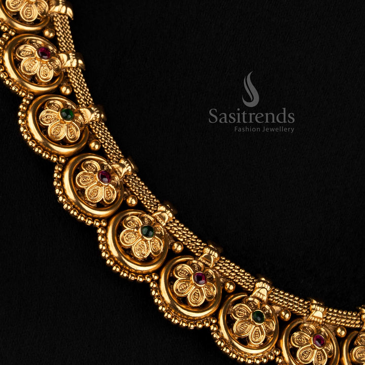 Traditional Antique Gold Plated Woven Mesh Choker with Circular Floral Medallion Fringe - Sasitrends