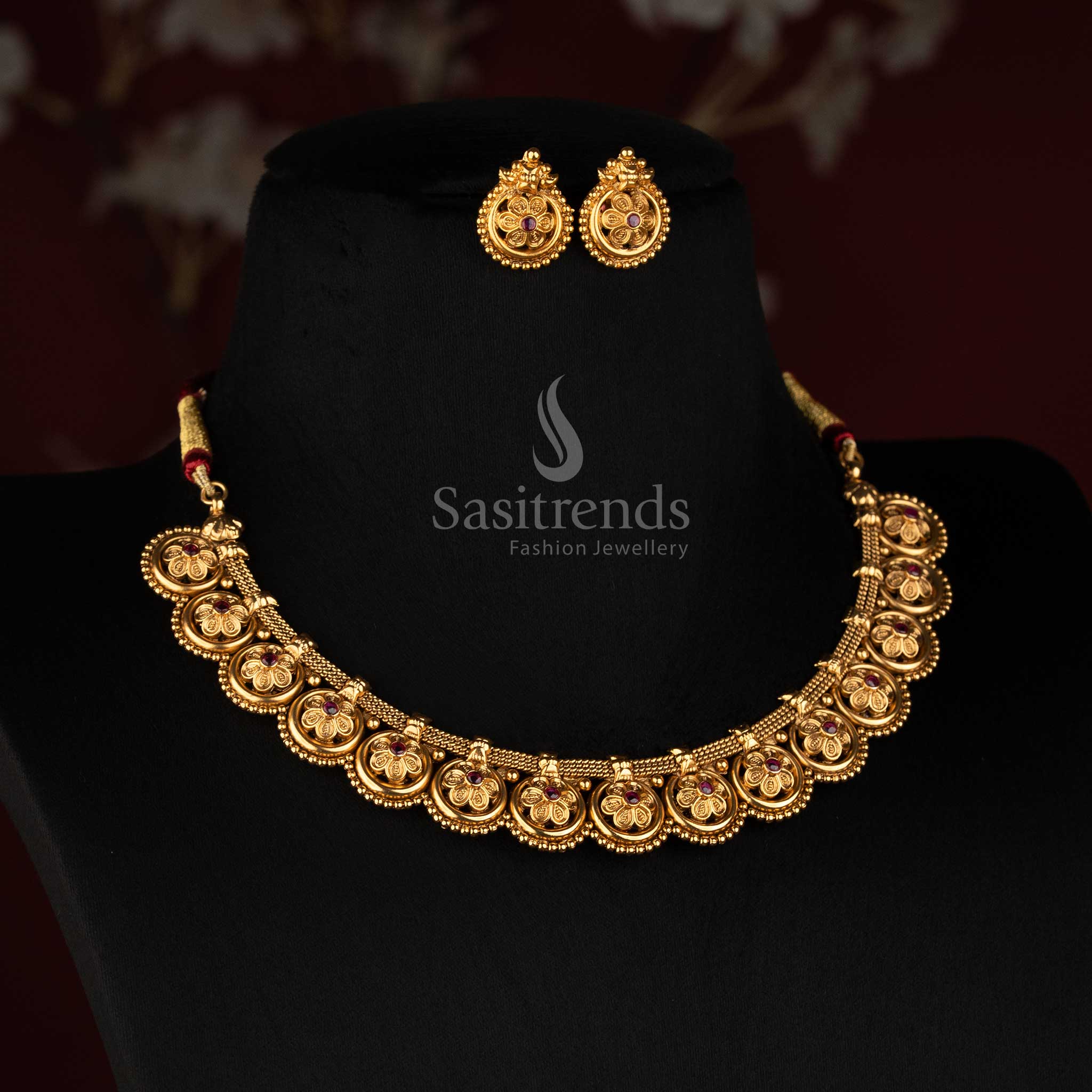 Antique Gold Plated Floral Medallion Choker with Matching Circular Ear Studs - Sasitrends