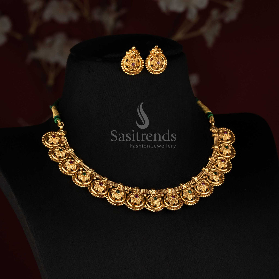 Antique Gold Plated Floral Medallion Choker with Matching Circular Ear Studs - Sasitrends