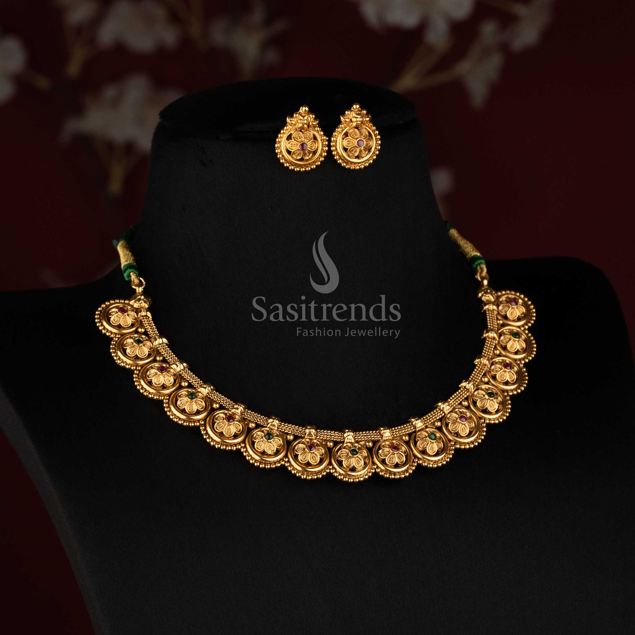 Antique Gold Plated Floral Medallion Choker with Matching Circular Ear Studs - Sasitrends