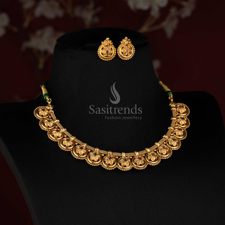 Antique Gold Plated Floral Medallion Choker with Matching Circular Ear Studs - Sasitrends